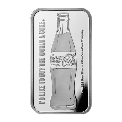 A picture of a 1 oz Coca-Cola® Pure Silver Bar